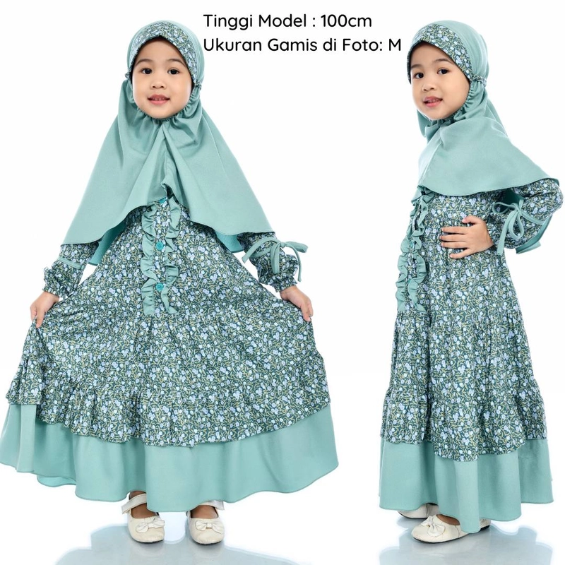 Product image Al Kahf - Gamis Anak Katun Jepang Motif Camelia S HIJAU TOSCA