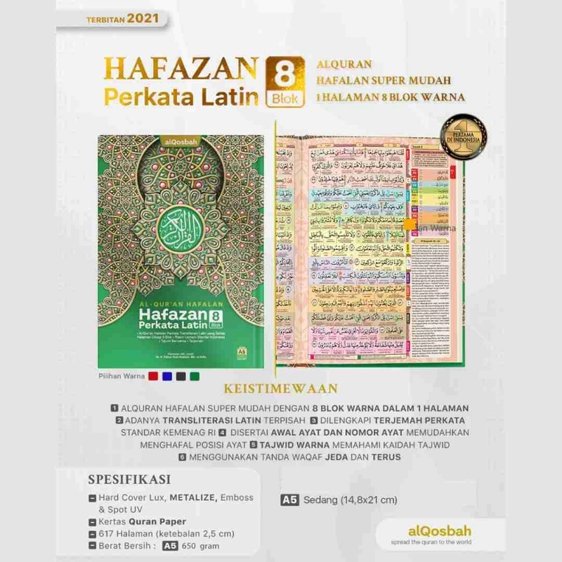 Product image Al Qosbah AlQuran Hafazan 8 Blok Perkata Latin A5 A5 (21,9 x 15,8 cm) Hijau