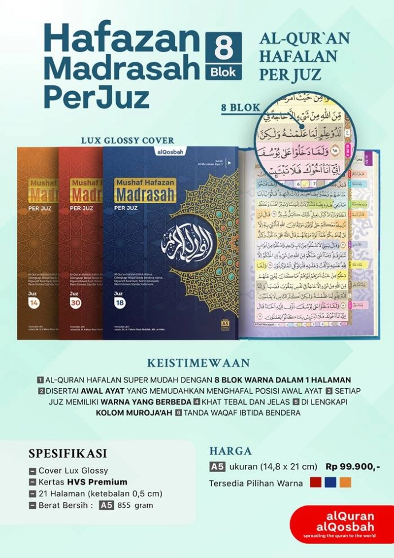 Product image Al Qosbah - Quran Hafazan Madrasah Perjuz  A5 Warna Mix