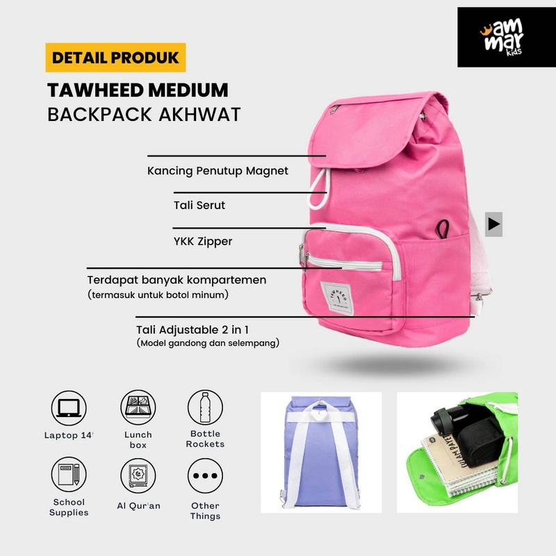 Product image Ammar Kids - Tawheed Medium Backpack Akhwat Pop Pink BMS4 300 G Pink