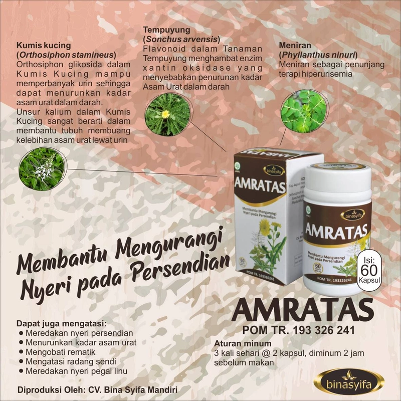 Product image AMRATAS Obat Herbal Asam Urat Nyeri Sendi Lutut Sakit Mengatasi Pegel Pegal Linu Binasyifa Herbal 60 Kapsul Herbal