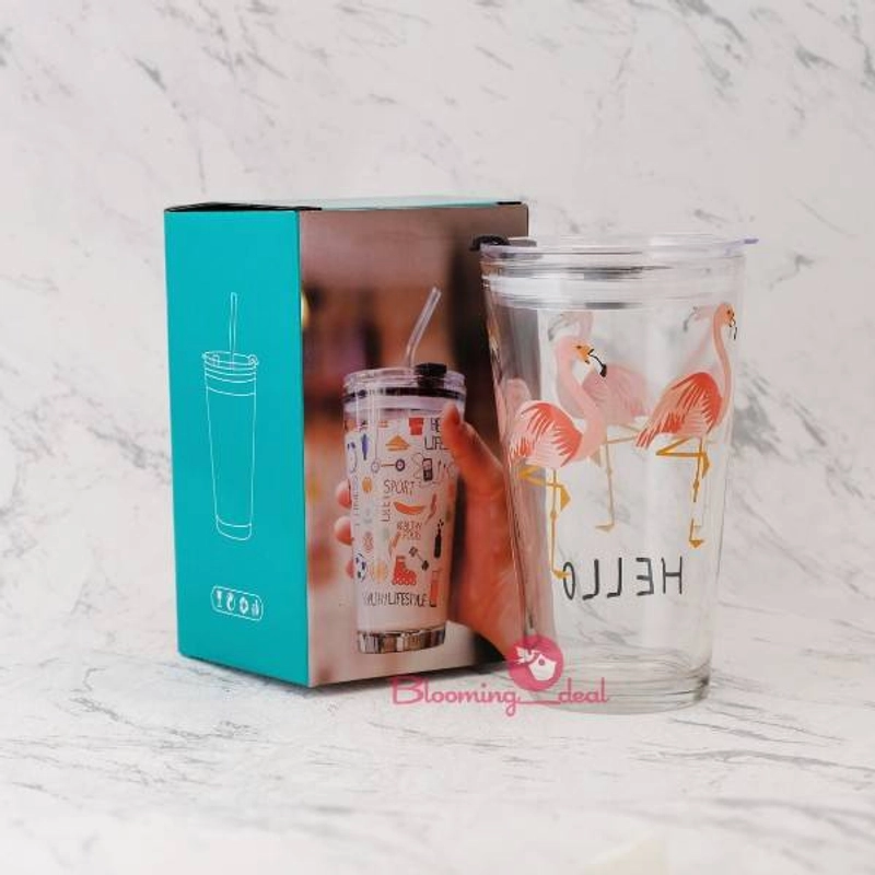 Product image Blooming Deal - Gelas Beling Karakter 350ml / Tumbler Botol Kaca Bonus Sedotan Kaca (H482) 500ml Random