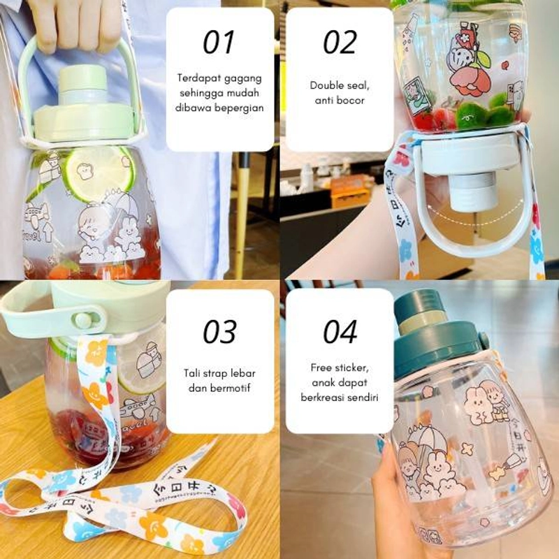 Product image Blooming Deal - Botol Minum Anak Big Belly Children's Cup Bottle Tutup Putar dengan Gagang dan DIY Sticker 1100ml (H485) Putih 1 Pcs