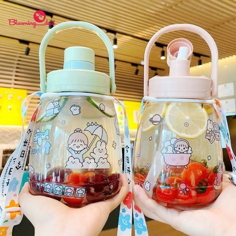 Product image Blooming Deal - Botol Minum Anak Big Belly Children's Cup Bottle Tutup Putar dengan Gagang dan DIY Sticker 1100ml (H485) Putih 1 Pcs