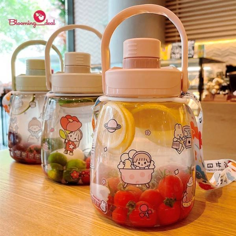 Product image Blooming Deal - Botol Minum Anak Big Belly Children's Cup Bottle Tutup Putar dengan Gagang dan DIY Sticker 1100ml (H485) Putih 1 Pcs