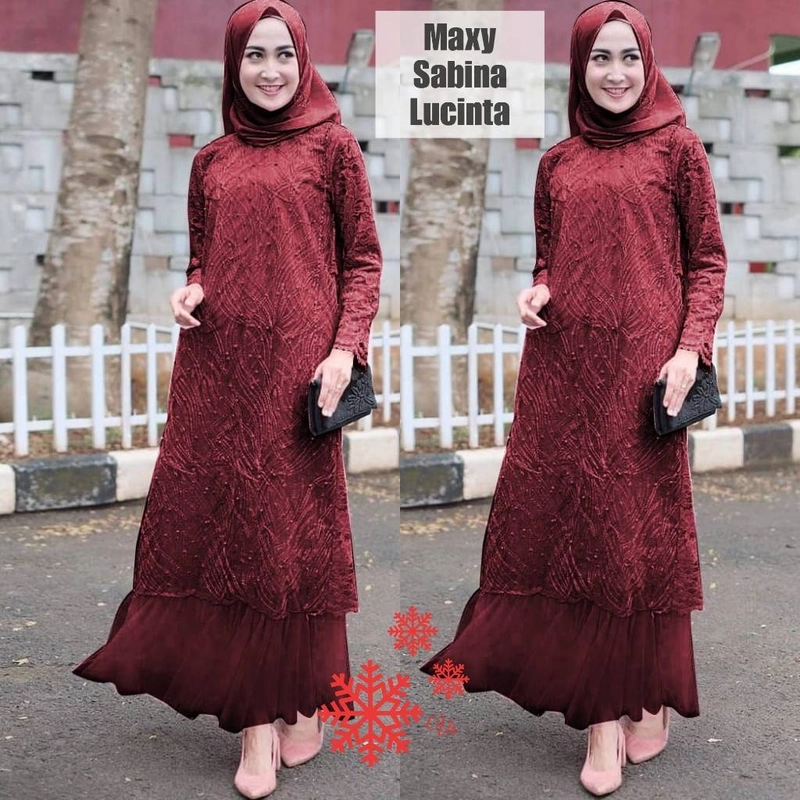 Product image CANNIES STORES ID - Gamis Wanita Muslim Sabina Bunga Padi L Maroon