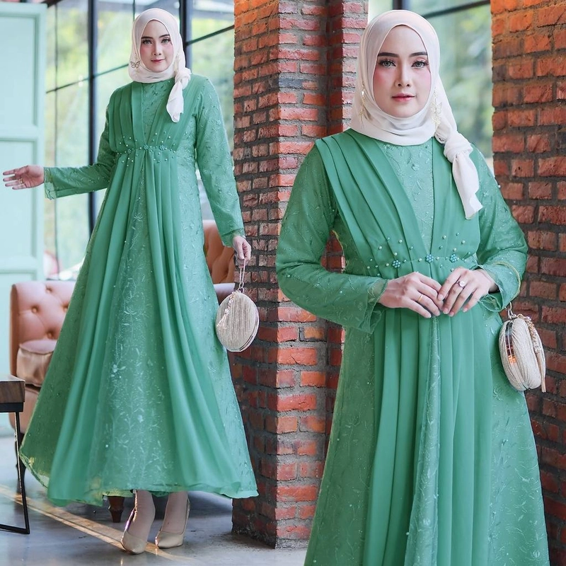 Product image CANNIES STORES ID - Gamis Wanita Rumaisha Tile Brukat Murah M Hijau Wardah