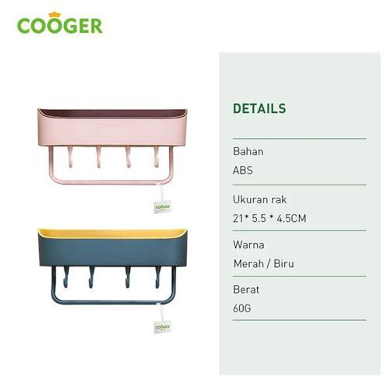 Product image COOGER 4-hook non-perforated shelf 27 x 10.5 x 13.5cm Yellow