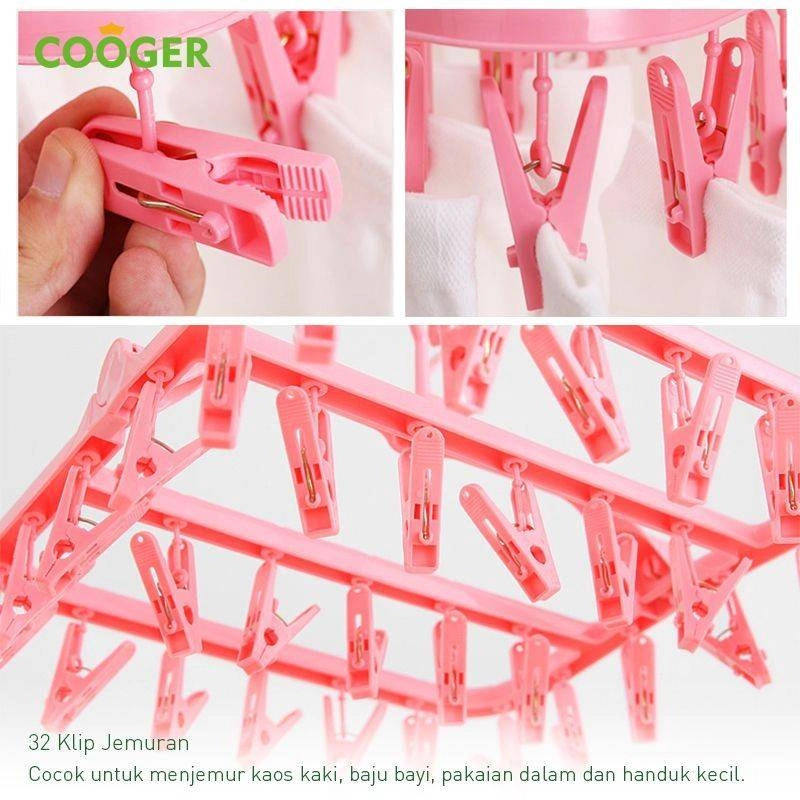 Product image COOGER 360 Degree Hook Windproof 32 Clip Square Clip Drying Rack 36 x 11 x 13cm Pink