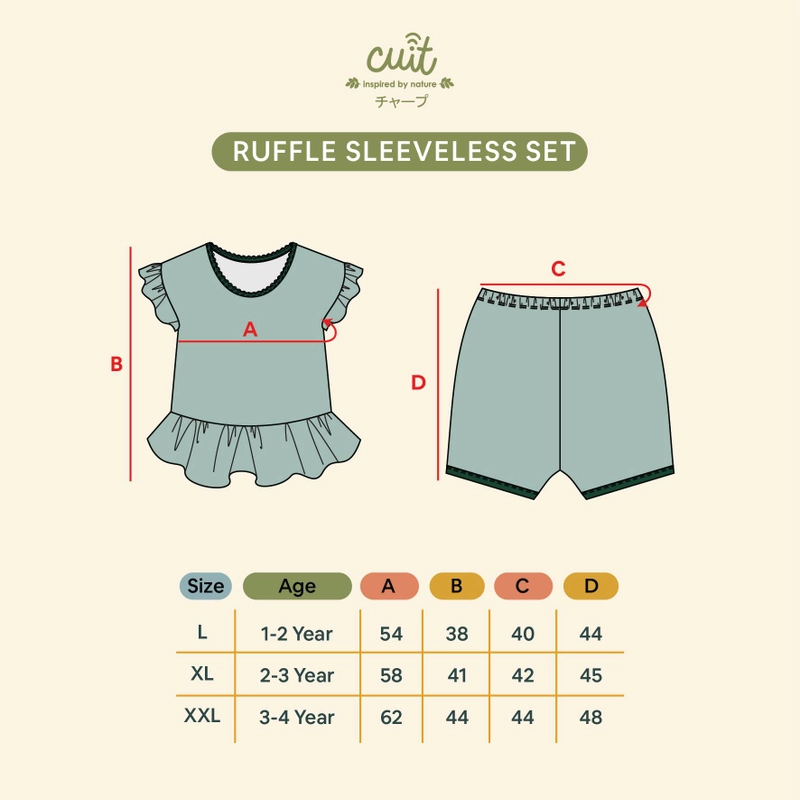 Product image CUIT Baby 1- 4 Tahun Yagi Ruffle Sleeveless Setelan Kutung Anak Perempuan Furutsu Series XL (2-3 tahun) Green