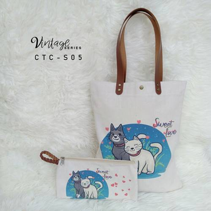 Product image Dewani Totebag Set Seri Kartun Kucing CTC-S05 40 x 36 x 5 cm Cream