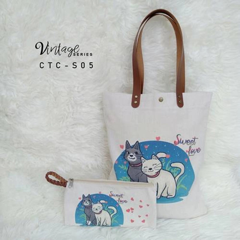 Product image Dewani Totebag Set Seri Kartun Kucing CTC-S05 40 x 36 x 5 cm Cream