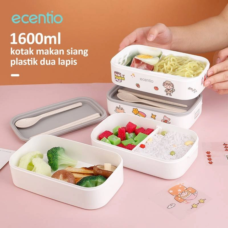 Product image ecentio portable pp double-layer lunch box with sticker 1600 ml White