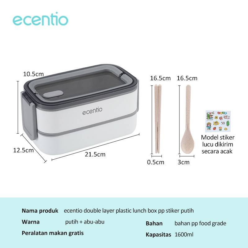 Product image ecentio portable pp double-layer lunch box with sticker 1600 ml White