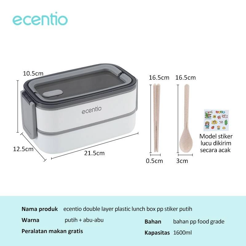 Product image ecentio portable pp double-layer lunch box with sticker 1600 ml White