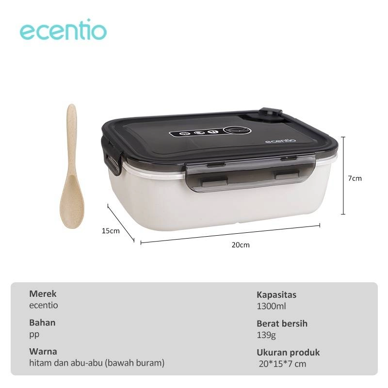 Product image Ecentio Three-Compartment Square Lunch Box Fresh-Keeping Box Gray 1300 ml