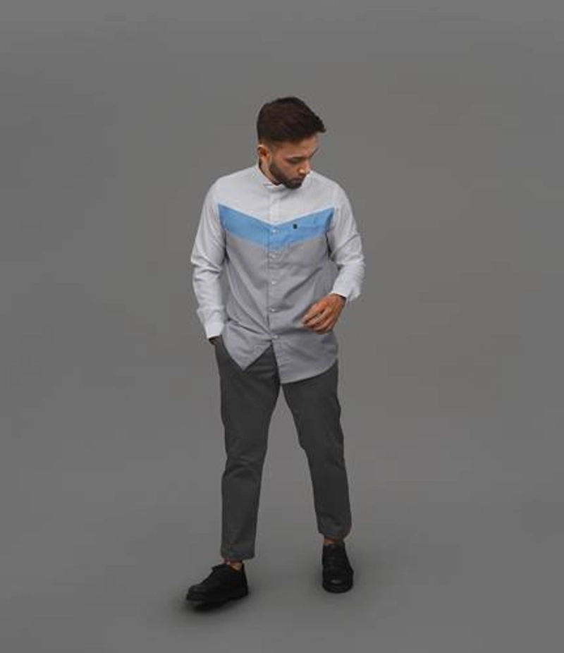 Product image Fadkhera - Baju Koko Modern Abbas Long Light Grey - White - Sky Blue L