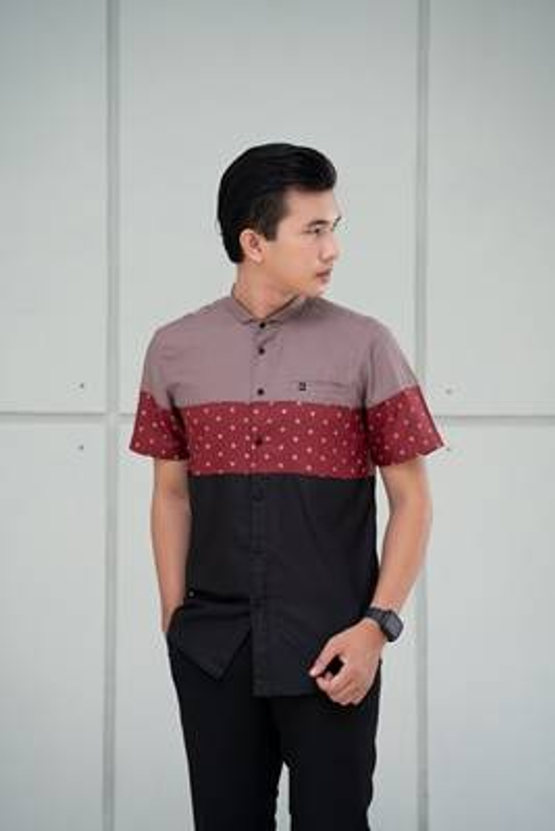 Product image Fadkhera - Baju Koko Modern Manaf Short Dusty Grey - Black - Red Maroon S