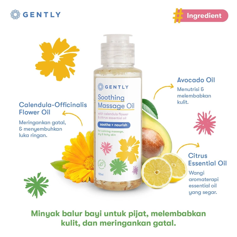 Product image GENTLY Soothing Massage Oil Minyak Gosok Pereda Kulit Gatal Merah Kering Baby Oil Minyak Pijat 60ml 100ml Citrus Essential Oil