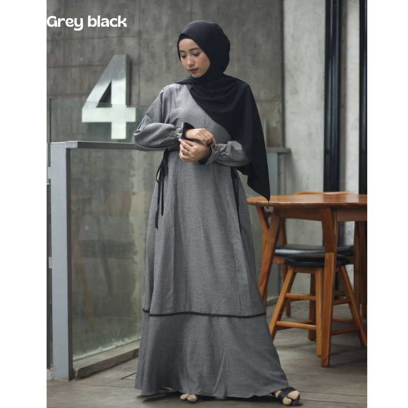 Product image Hazirah Id - Ghaisani Dress Gamis Simpel Cantik Triji Serat Kayu Bisa Couple Gamis S GREY BLACK