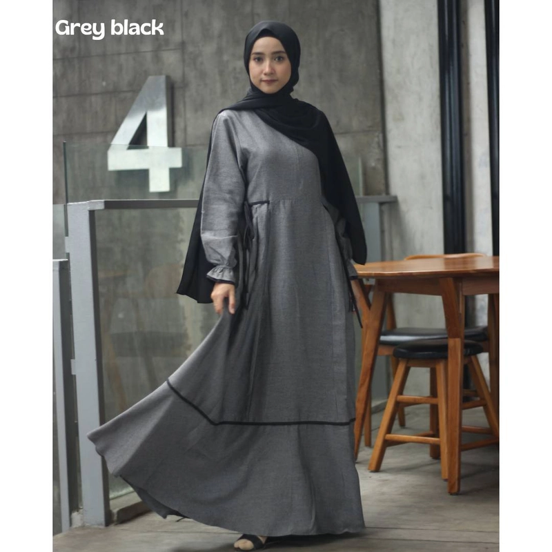Product image Hazirah Id - Ghaisani Dress Gamis Simpel Cantik Triji Serat Kayu Bisa Couple Gamis S GREY BLACK