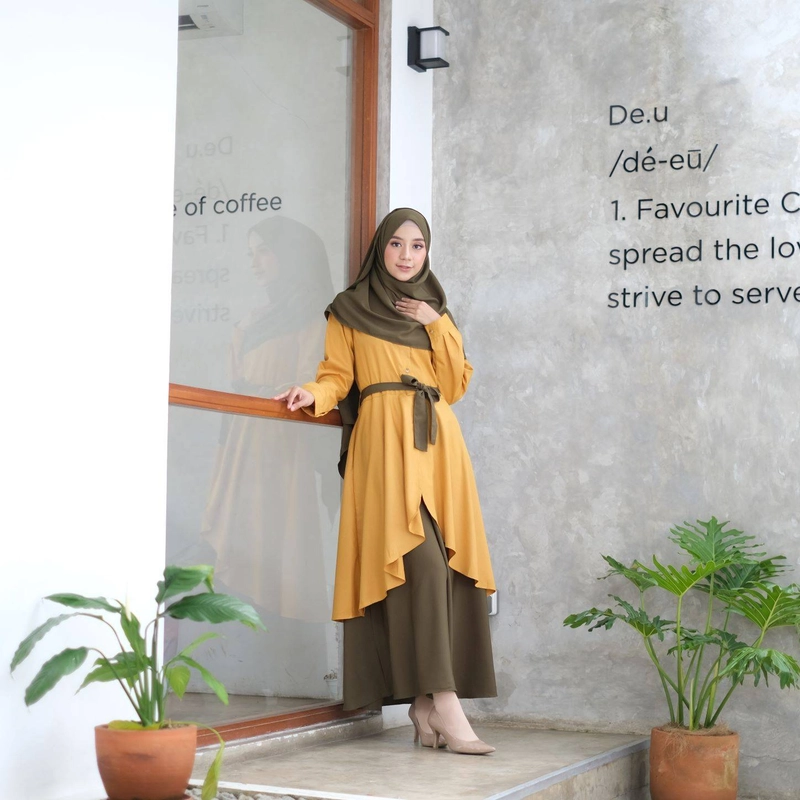 Product image Hazirah Id - Xaveera Dress Free Pasmina / Gamis Mewah / Gamis 2 Layer / Gamis Toyobo / Set Gamis S Mustard Army