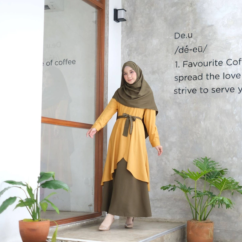 Product image Hazirah Id - Xaveera Dress Free Pasmina / Gamis Mewah / Gamis 2 Layer / Gamis Toyobo / Set Gamis S Mustard Army