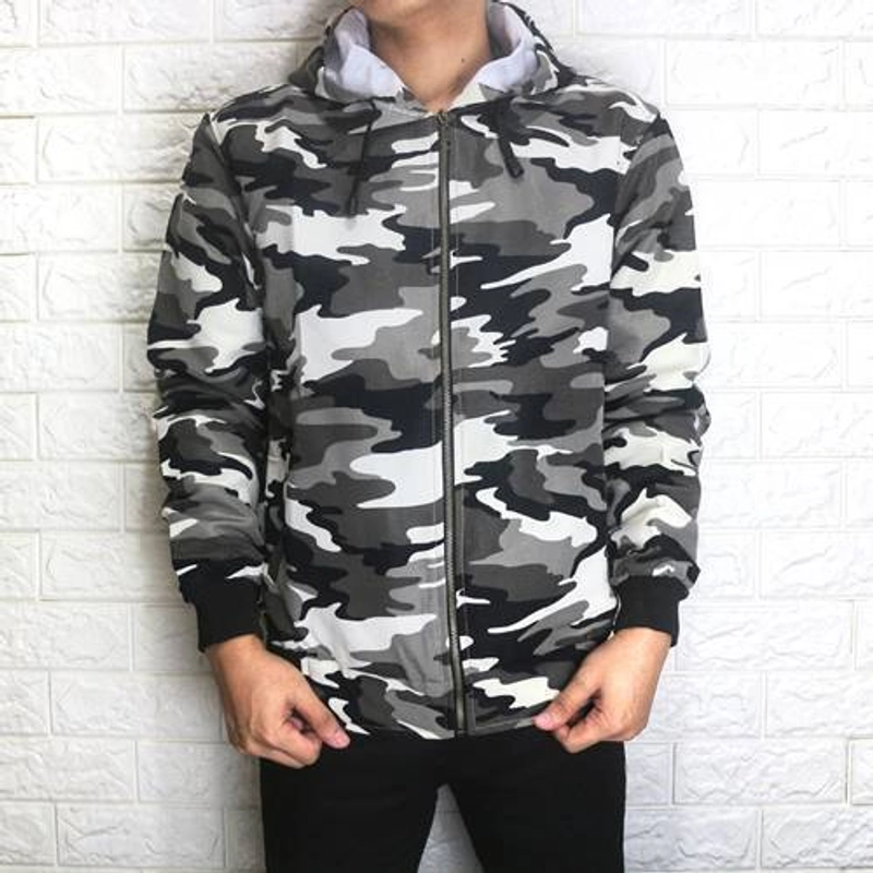 Product image Jembar - Jaket Bomber Pria Distro Hoodie Resleting Loreng Putih Korea XL Putih