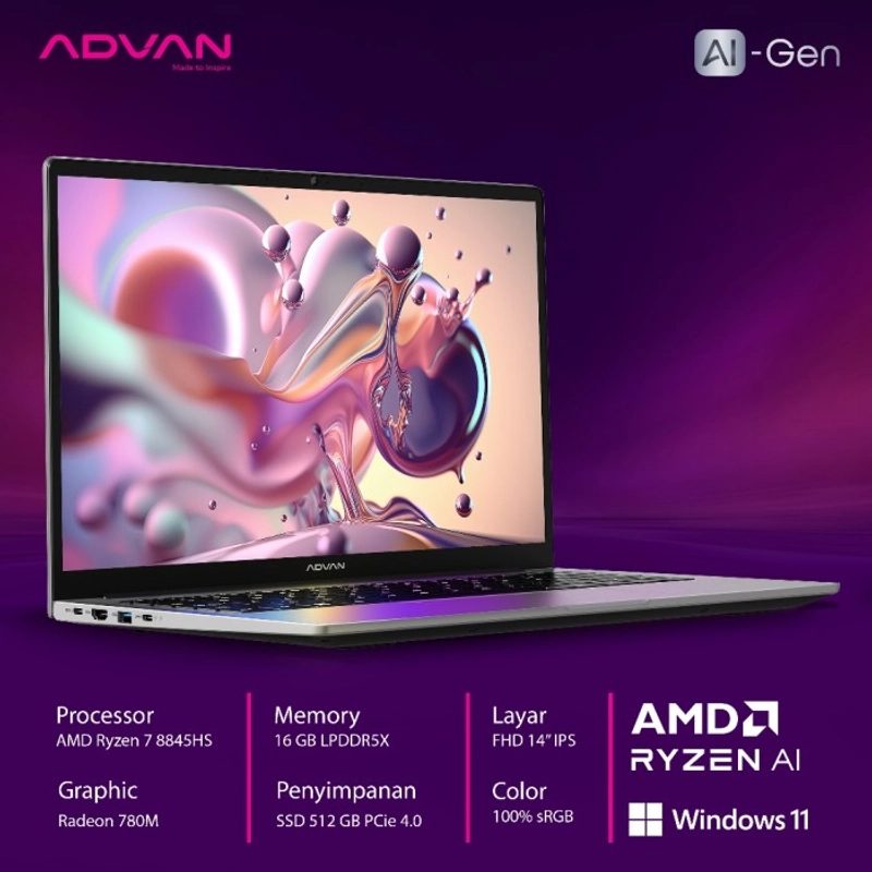 Product image Advan Laptop AI Gen Ryzen 7 8845HS AMD Ryzen AI 16GB 512GB Windows 11 all variant all variant