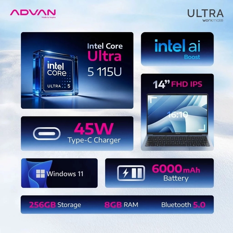 Product image [jikalaku] Advan Laptop Workmate Ultra 8/256GB Intel Ultra 5 115U With AI Boost 14" FHD+ BLUE all variant all variant