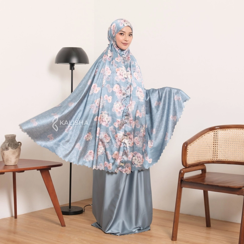 Product image Kalisha official - Aqila Prayer Set (Mukena 2 in 1 Lasercut Bahan Armany Silk Printing) Dewasa Skyblue
