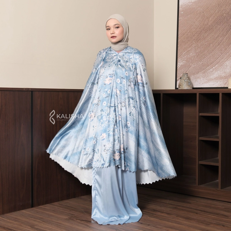 Product image Kalisha official - Atara Prayer Set (Mukena Lasercut Motif 2 in 1 Bahan Armany Silk Printing) Dewasa Skyblue