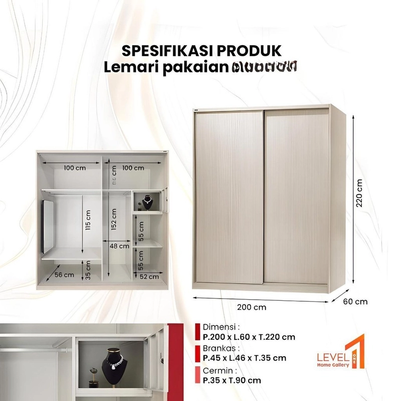 Product image Level One Home Gallery - Lemari Pakaian Besi Jumbo Pintu Sleding Cermin Portable Mewah Premium 100000 Sonoma