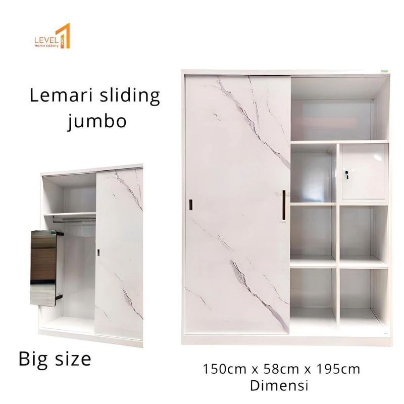 Product image Level One Home Gallery - Lemari Pakaian 2 Pintu Sliding Besi Metal Pintu Geser Wardrobe Cermin Portable | Uk. 150 cm x 195cm Brankas Besar Jumbo Minimalis Estetik Mewah Premium Terjangkau Murah Plat Tebal 90000 INF SL15H