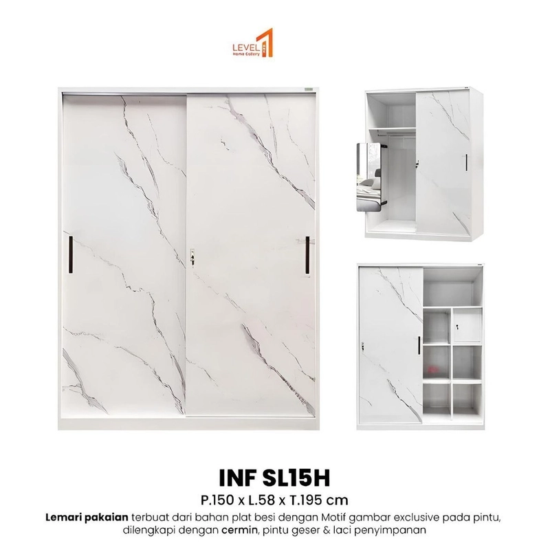 Product image Level One Home Gallery - Lemari Pakaian 2 Pintu Sliding Besi Metal Pintu Geser Wardrobe Cermin Portable | Uk. 150 cm x 195cm Brankas Besar Jumbo Minimalis Estetik Mewah Premium Terjangkau Murah Plat Tebal 90000 INF SL15H