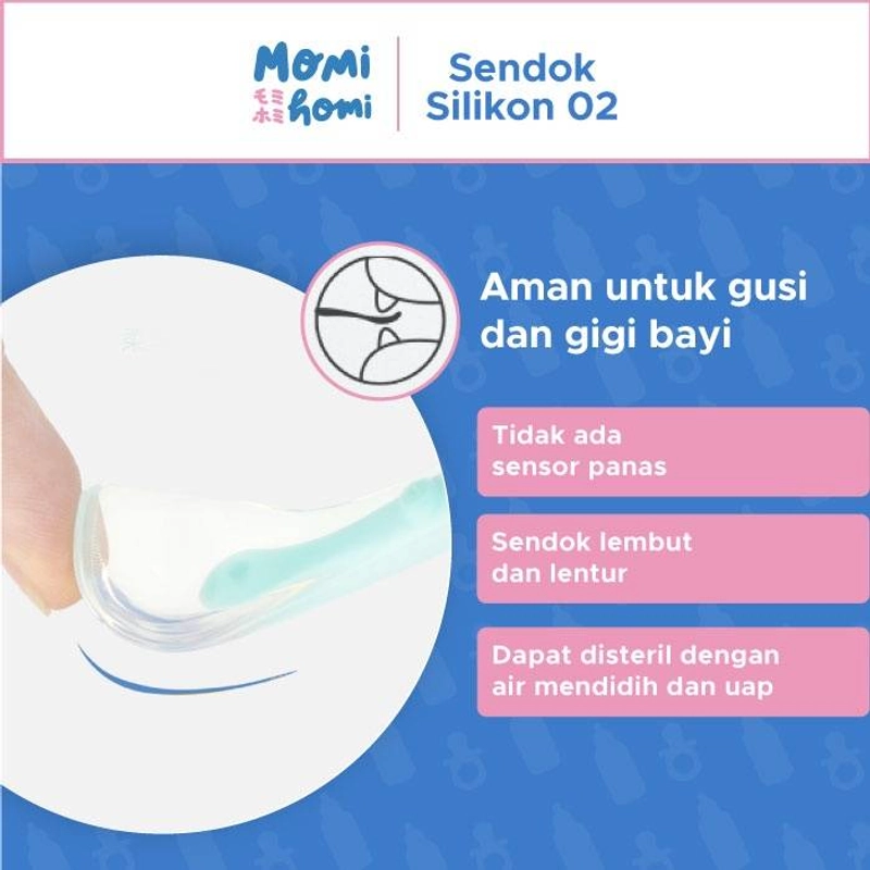 Product image MOMI HOMI - Sendok Makan Bayi 01 Silikon Baby Safety Spoon Lentur Sendok Makan Silicone Mpasi Baby Food Spoon varian Biru + Box