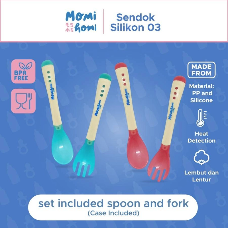 Product image MOMI HOMI Sendok Makan Bayi Silikon Set 03 Sendok dan Garpu dengan Box Pengubah Suhu Bayi Silikon Le varian Set Hijau