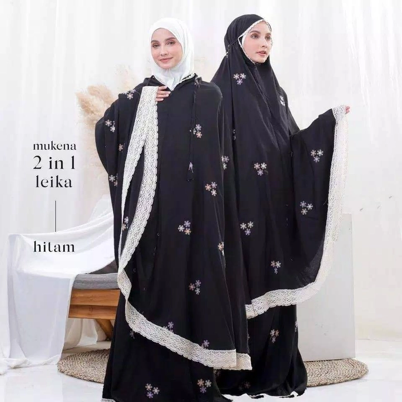 Nadira - Mukena Rayon Bordir Traveling 2 in 1 (Hitam, All Size, Pcs) 