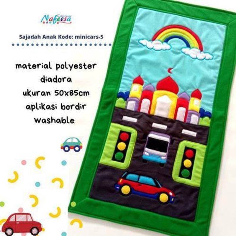 Product image Nafeesa Sajadah Anak Bordir Minicars-5 50x85cm Hijau