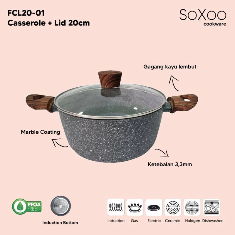 Product image Soxoo - Casserol + Lid 20 cm Marble Grey