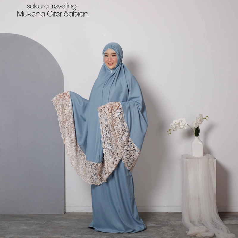 Product image Sakura Baru - Mukena Dewasa Katun Sabian Renda Giper All Size Biru Wadah