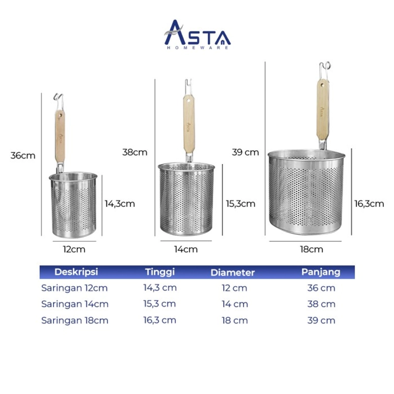 Product image Asta Homeware Official - Asta Saringan Mie Ayam Stainless Strainer Tahan Karat Gagang Kayu 12 cm All Color