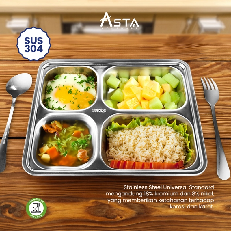 Product image Asta Homeware Official - Asta Piring Makan Stainless 4 Sekat + Tutup Tebal Food Tray Stainless All Size All Color