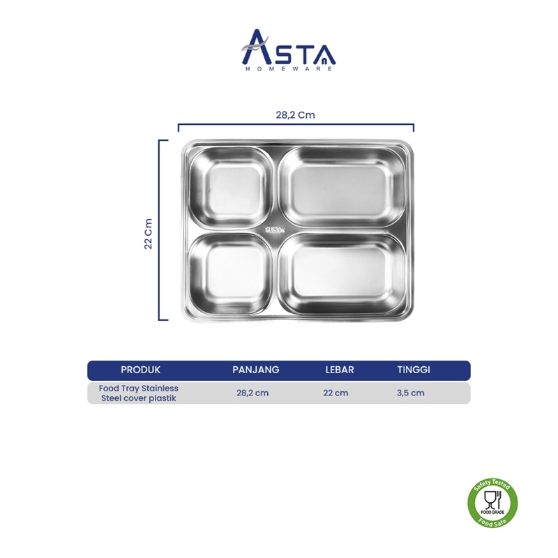 Product image Asta Homeware Official - Asta Piring Makan Stainless 4 Sekat + Tutup Tebal Food Tray Stainless All Size All Color