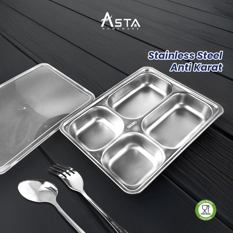 Product image Asta Homeware Official - Asta Piring Makan Stainless 4 Sekat + Tutup Tebal Food Tray Stainless All Size All Color
