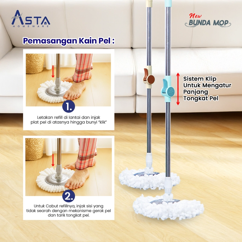 Product image Asta Homeware Official - Tongkat Pel Spin Mop / Gagang Pel Spin Mop + Kain Pel Bunda Mop Warna Soft Choco