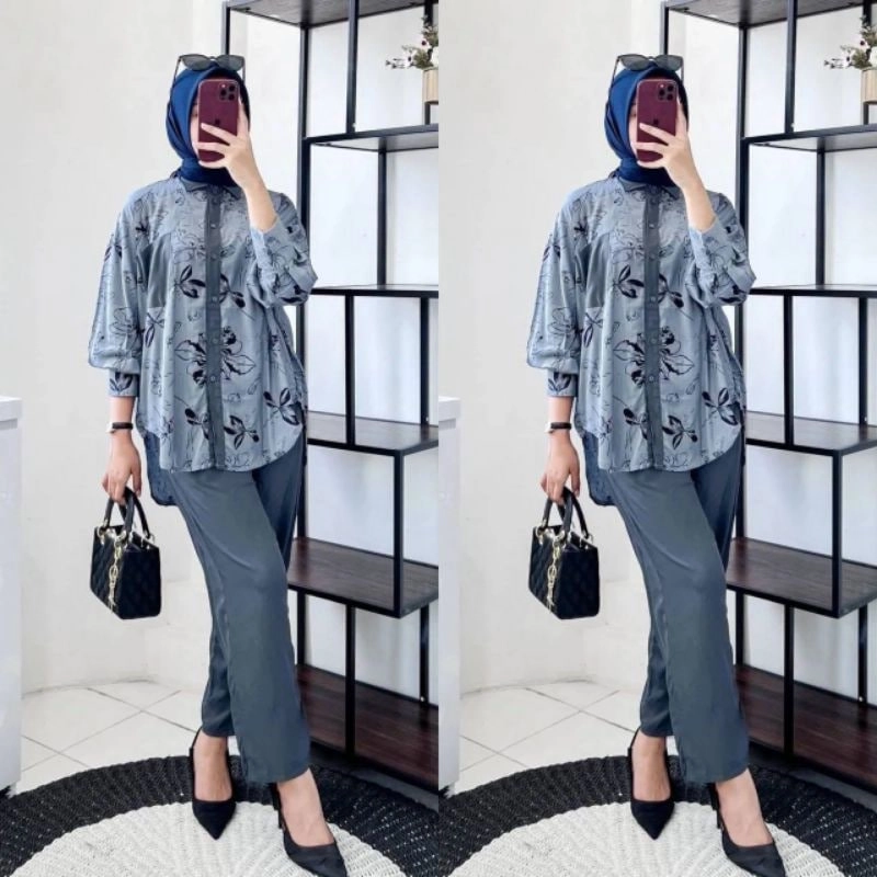 Product image Valencia - Nadine Set - One Set Wanita Kemeja Rayon Premium Setelan Baju Lengan 7/8 Set Celana Panjang Kekinian All size Nadine Bunga Abu