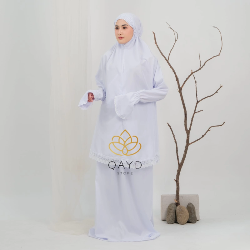 Product image qaydstoreid - Mukena Haji Dewasa Berlengan Umroh Haji Bersaku Katun Premium Renda Mewah mukena umroh putih