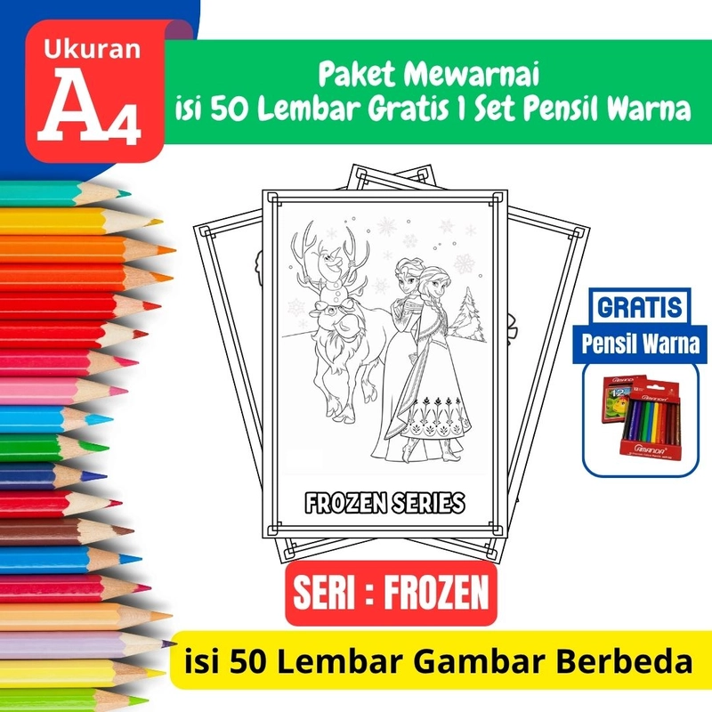 Product image FEID Store - [ EDISI FROZEN ] Promo Paket Mewarnai isi 50 Lembar Gratis 1 Set Pensil Warna - A4 Tebal A4 TEBAL