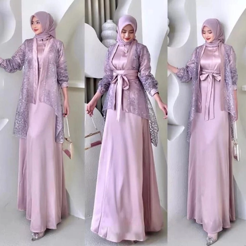 Product image COLLECTION SARJANA - Gamis Fuji - Brokat Tille Mutiara Motif Bordir- Satin Gamis Mauve